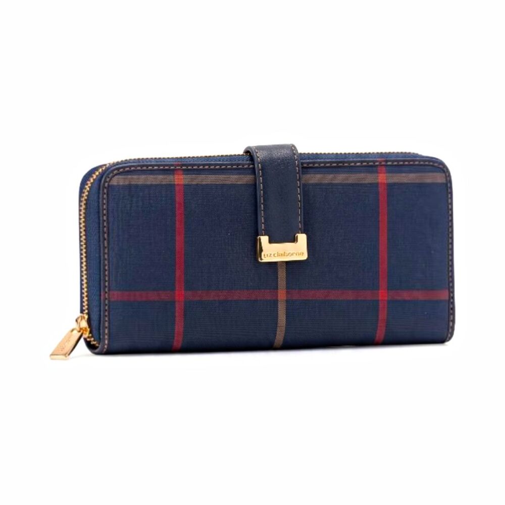 Liz Claiborne Women's Navy Plaid Zip-Around Wallet Plaid Canvas Coin Pocket